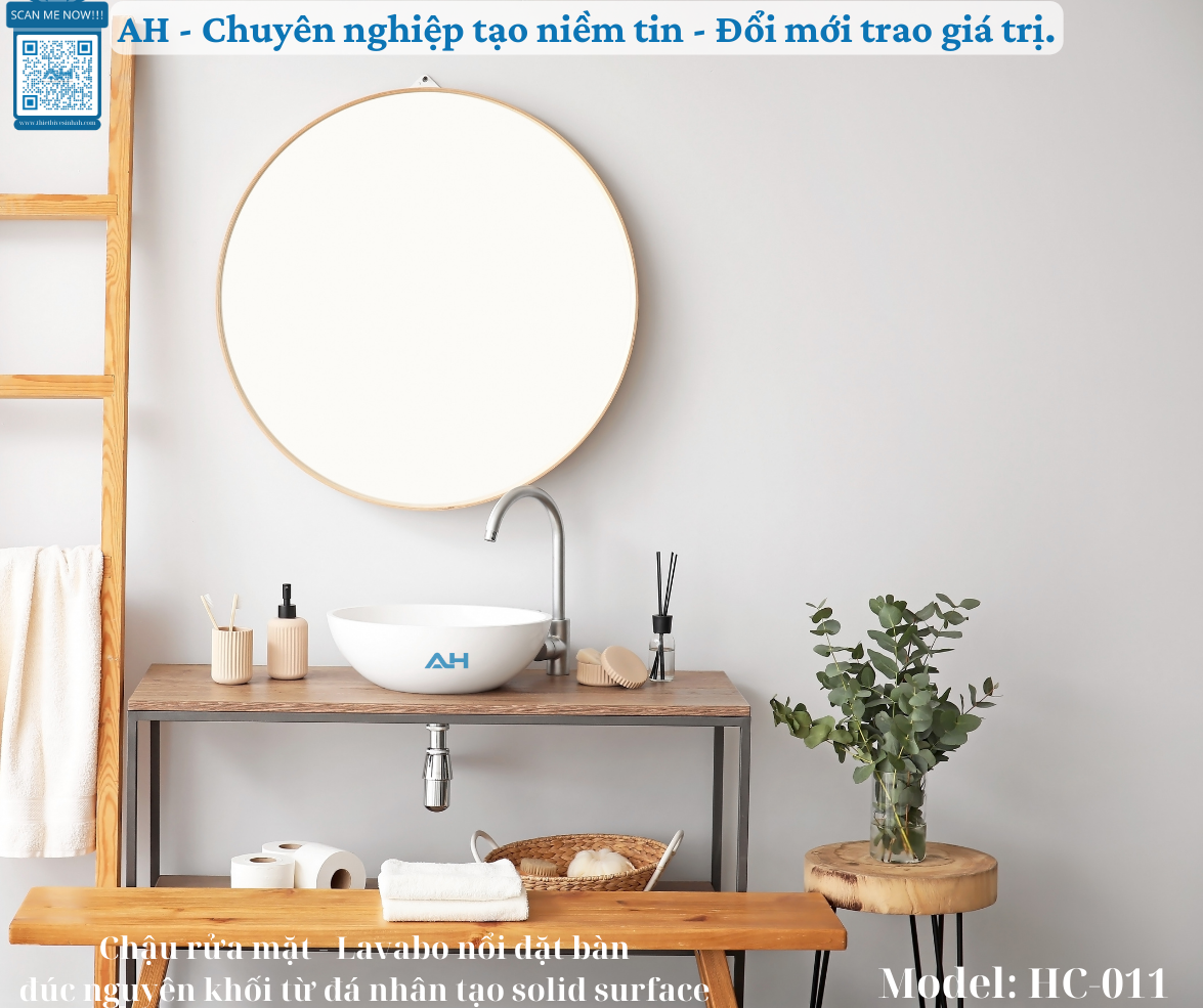 LAVABO / CHẬU RỬA MẶT - NỔI ĐẶT BÀN ĐÚC NGUYÊN KHỐI TỪ ĐÁ SOLID SURFACE _ MODEL: HC-011