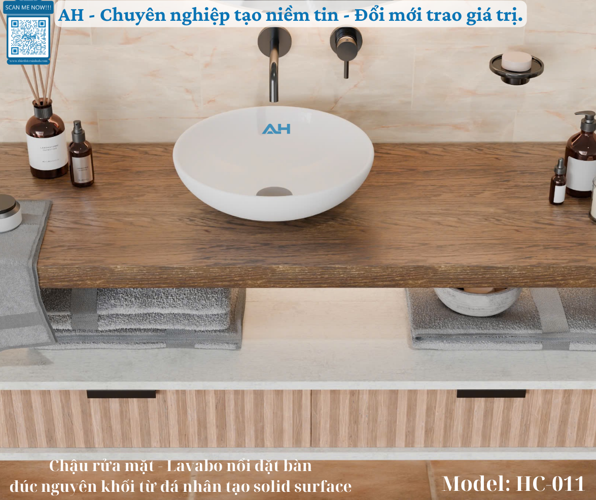LAVABO / CHẬU RỬA MẶT - NỔI ĐẶT BÀN ĐÚC NGUYÊN KHỐI TỪ ĐÁ SOLID SURFACE _ MODEL: HC-011