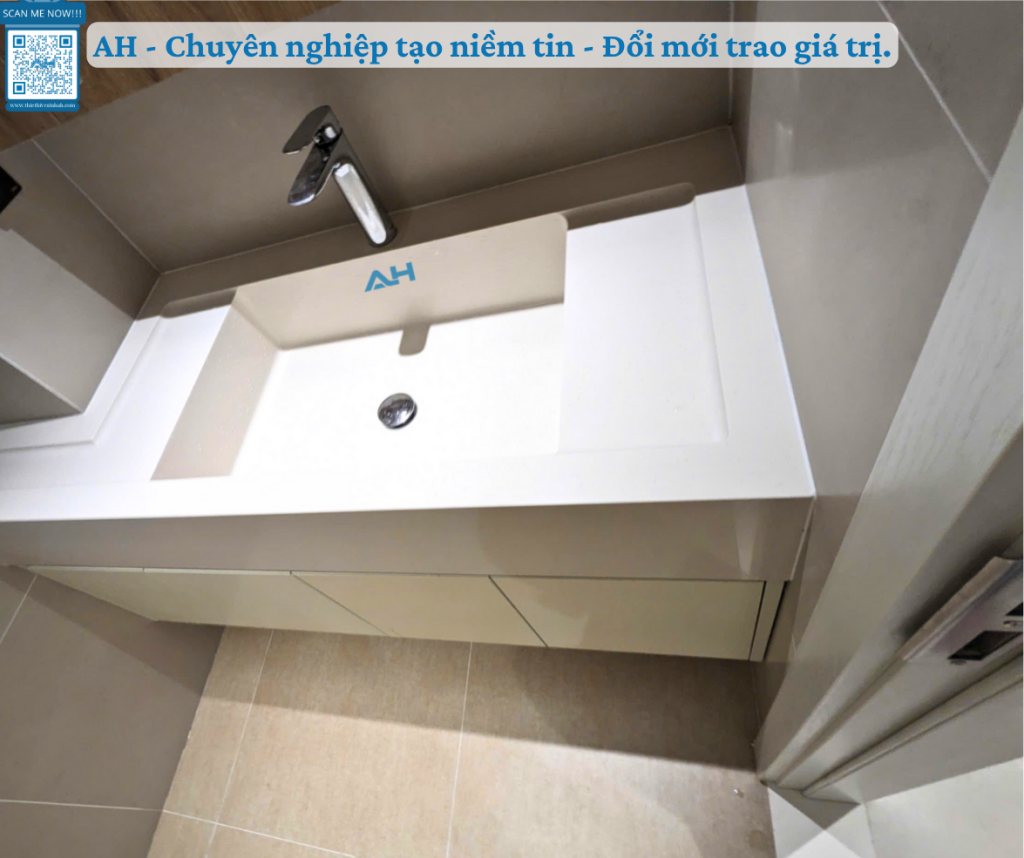 Thi công lavabo AH đúc nguyên khối từ đá solid surface tại Cần Thơ