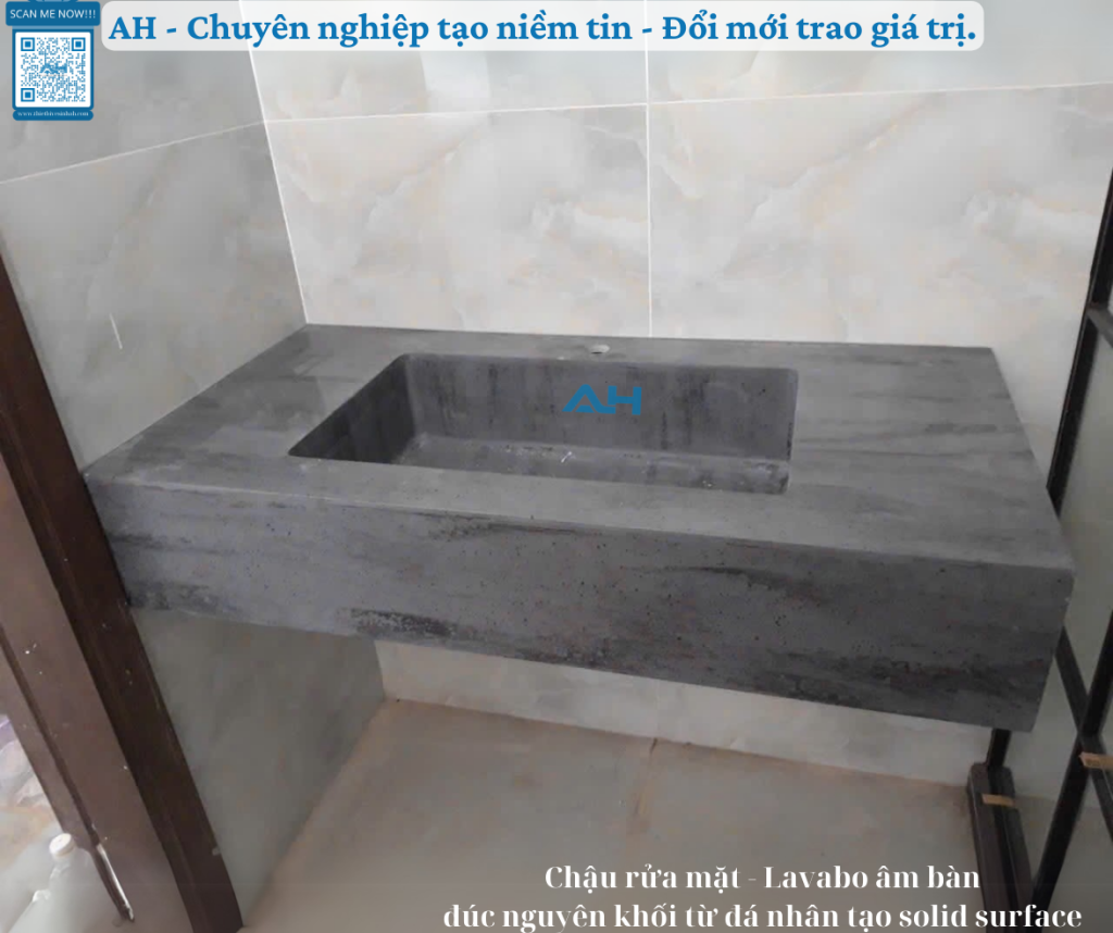 AH thi công lavabo đúc nguyên khối Solid Surface cho dự án lớn tại Cà Mau, Kiên Giang. Bề mặt sáng bóng, bền 15 năm. Báo giá theo bản vẽ kỹ thuật.