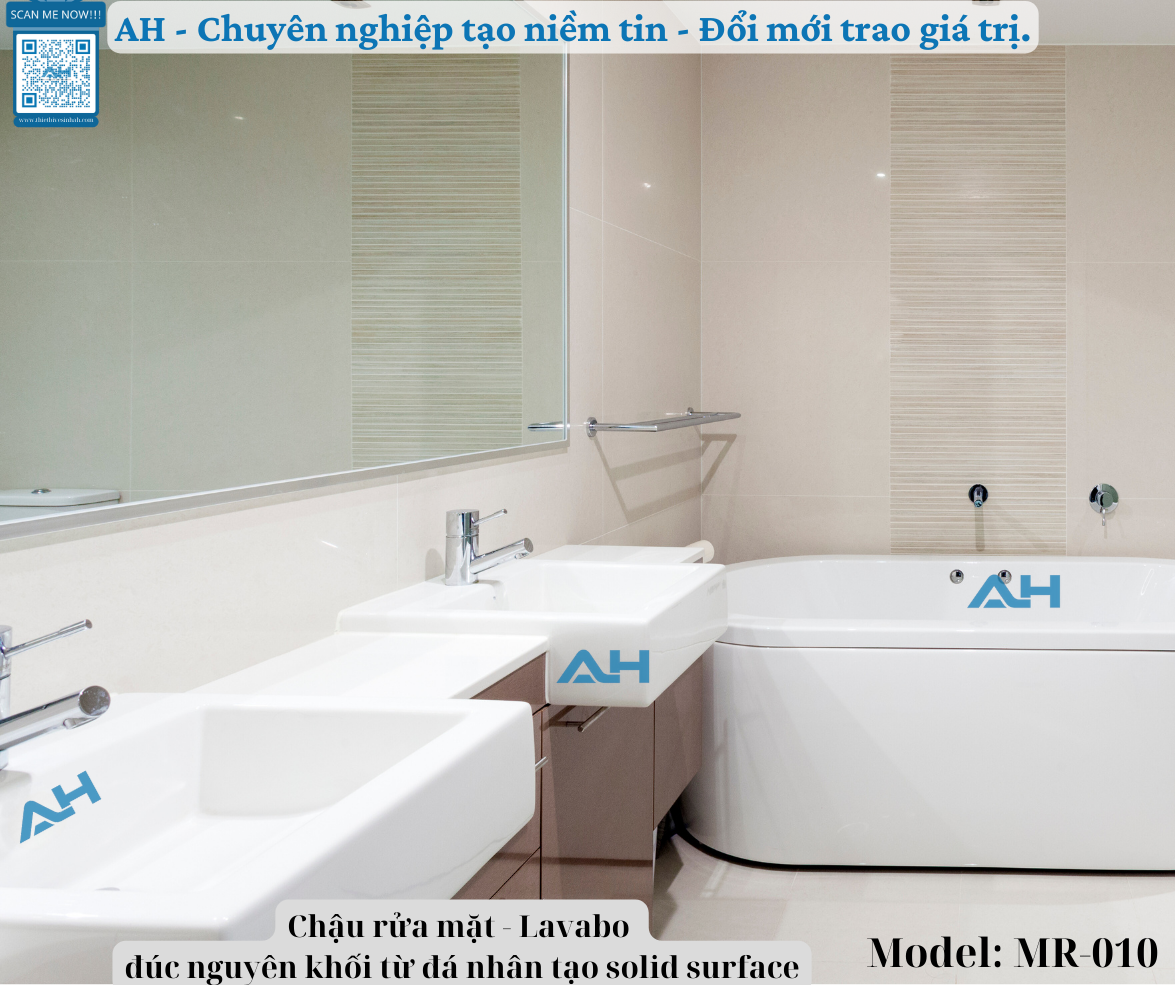 lavabo solid surface liền mặt bàn cho phòng tắm gia đình