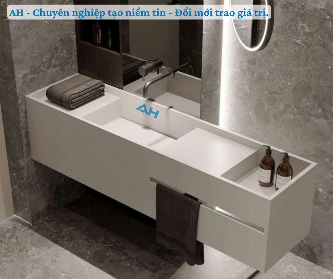 Lavabo solid surface thiết kế riêng cho phòng tắm ở Hội An