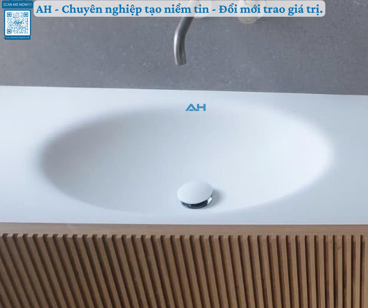 Lavabo solid surface đúc nguyên khối chống ố vàng tại Bình Dương