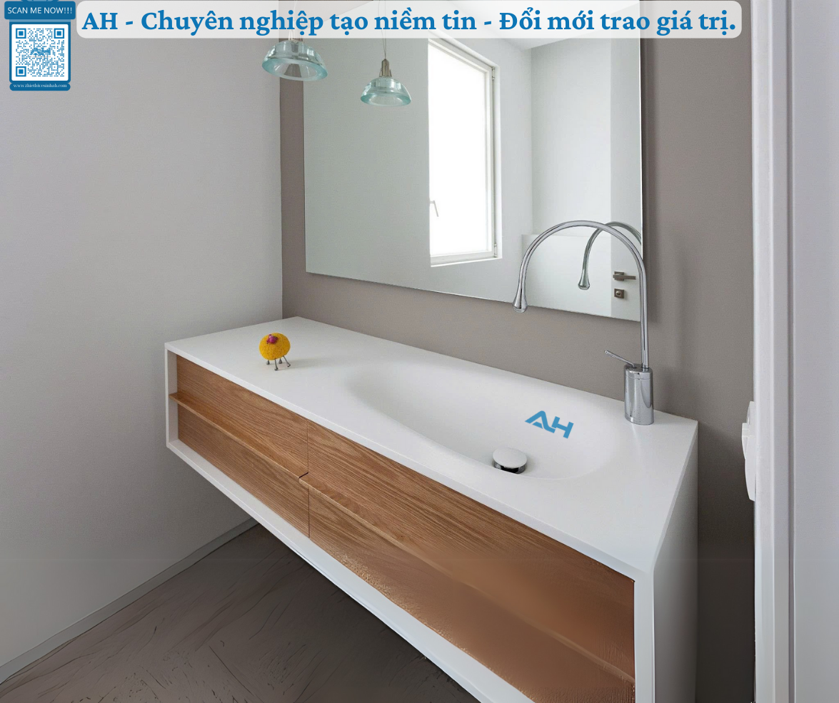 Lavabo solid surface đúc nguyên khối chống ố vàng tại Bình Dương