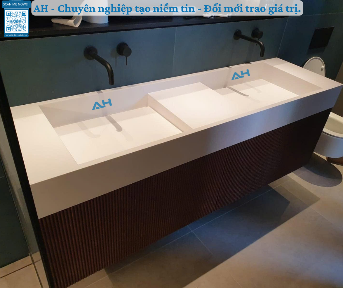 Lavabo solid surface đúc nguyên khối chống ố vàng tại Bình Dương